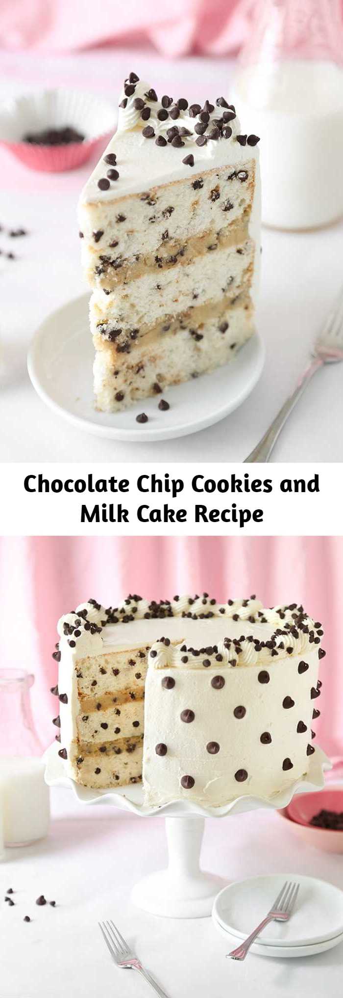 Chocolate Chip Cookies and Milk Cake Recipe - This cake is made of three 9-inch white butter cake layers that are absolutely chock-full of mini chocolate chips. It is filled with fluffy chocolate chip cookie dough frosting and the entire cake is iced with boiled milk frosting. A handful of regular-sized chocolate chips are all lined up on the outside for an eye-catching, dotty appearance - it's some of the easiest cake decorating I've ever done!