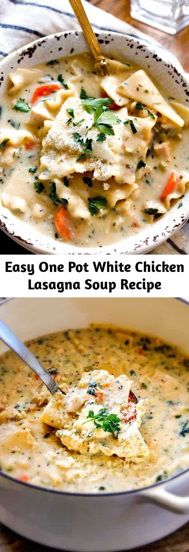Easy One Pot White Chicken Lasagna Soup Recipe - This easy White Chicken Lasagna Soup tastes just like white chicken lasagna with cheesy layers of noodles smothered in velvety Italian spiced Parmesan infused sauce without all the layering or dishes! Simply saute chicken and veggies and dump in all ingredients and simmer away for a pot of velvety, slurpilicoius flavor!