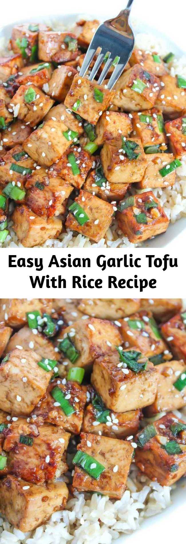 Easy Asian Garlic Tofu With Rice Recipe - Tofu marinated in an Asian-style garlic sauce that's packed with savory, delicious flavor! An easy dish that's perfect with a side of rice & steamed veggies. (vegan, gluten-free)
