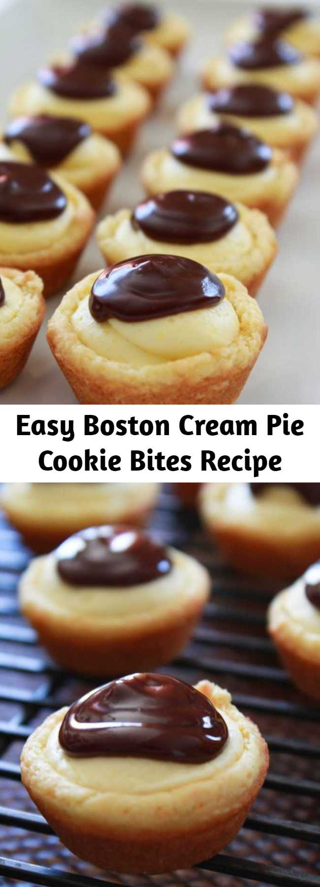 Easy Boston Cream Pie Cookie Bites Recipe - All of the awesome flavors you love from the traditional Boston Cream Pie are turned into a cookie cup.  They are quick to make, starting with a cake mix and taste delicious.  Everyone will go crazy for these little cuties.