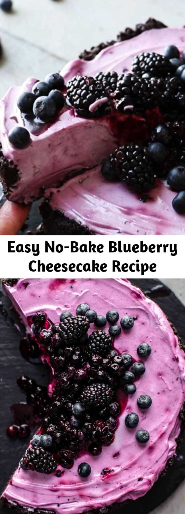 Easy No-Bake Blueberry Cheesecake Recipe - This No-Bake Blueberry Cheesecake is very easy to make and super delicious. You need just 9 ingredients. It comes with a super creamy blueberry filling made with homemade blueberry sauce from scratch and a no-bake Oreo cookie crust. #blueberry #cheesecake #oreocookie #blueberrycheesecake #nobake