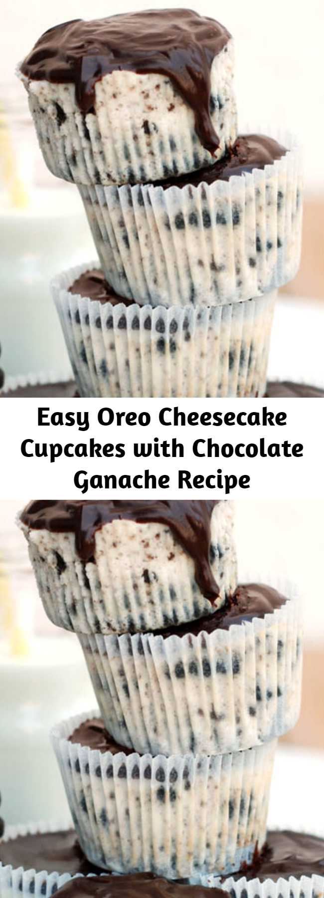 Easy Oreo Cheesecake Cupcakes with Chocolate Ganache Recipe - Oreo Cheesecake Cupcakes with Chocolate Ganache are delicious mini cheesecakes loaded with Oreo chunks & topped with rich chocolate ganache. They’re so tasty!