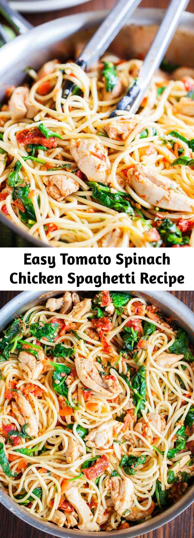 Easy Tomato Spinach Chicken Spaghetti Recipe - One bite of this Tomato Spinach Chicken Spaghetti and you will never buy jarred tomato sauce ever again. Spaghetti is tossed in a fresh and flavorful sauce with pieces of juicy chicken. Fresh spinach adds a boost of nutrients, but feel free to use other vegetables to customize to your family’s liking.