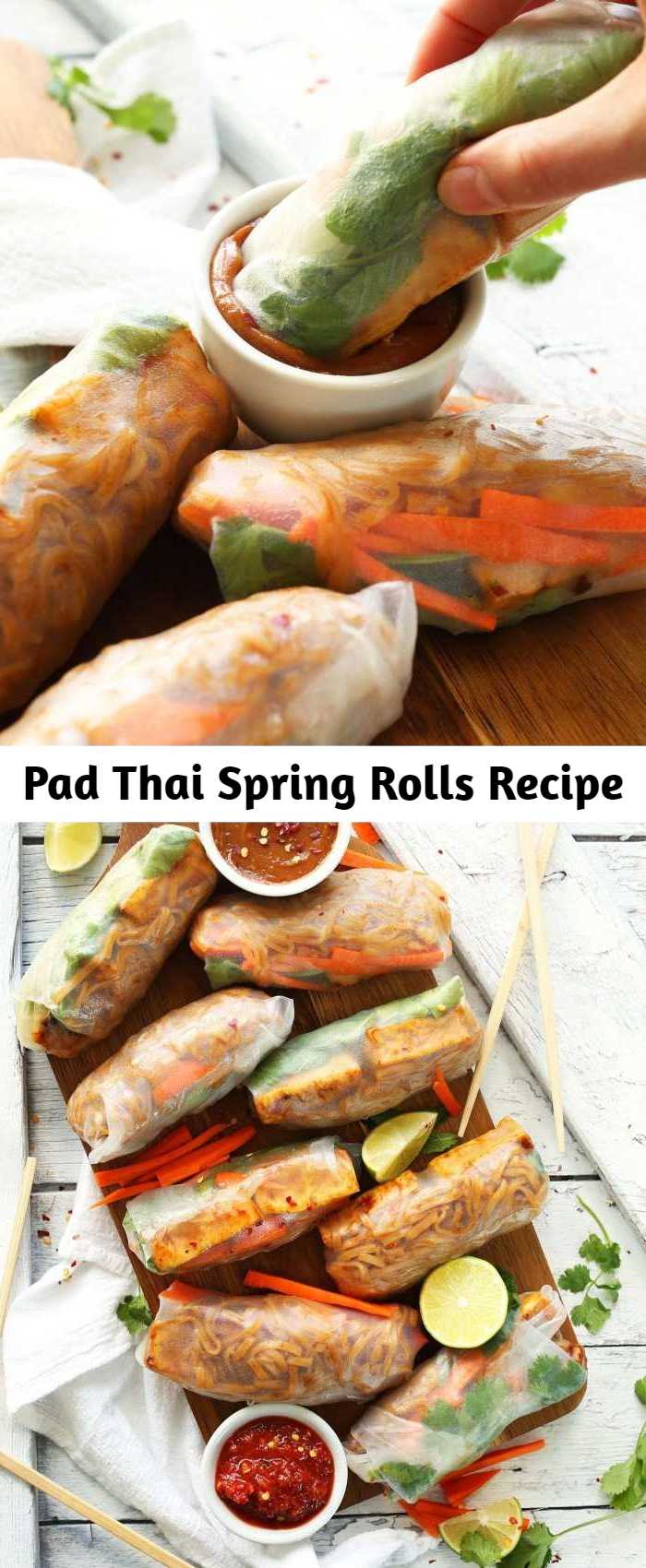 Pad Thai Spring Rolls Recipe - Amazing 10-ingredient pad Thai spring rolls with spicy-sweet noodles, crispy baked tofu, and fresh carrots and herbs! A healthier vegan, gluten free entree.