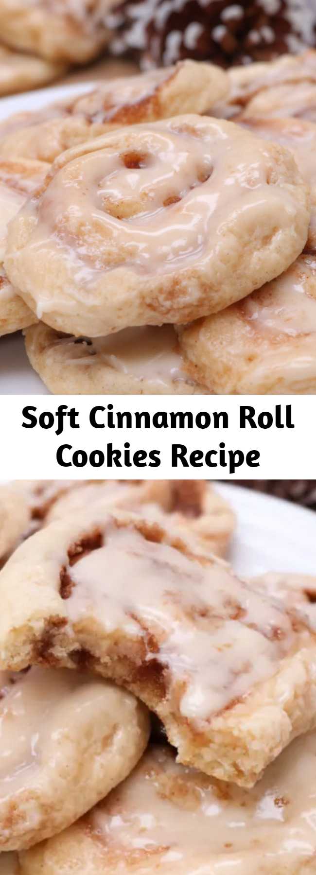 Soft Cinnamon Roll Cookies Recipe - A soft sugar cookie reminiscent of a cinnamon roll! Glazed with cream cheese glaze with swirls of cinnamon sugar. #cookies #cinnamonroll #soft #fluffy #desserts #homemade #chewy