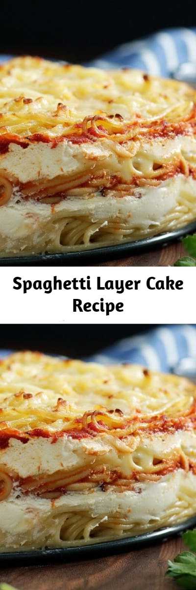 Spaghetti Layer Cake Recipe - Because spaghetti pie was so last season, enjoy it now in cake form with layers of pasta, bolognese, mozzarella, ricotta and more.
