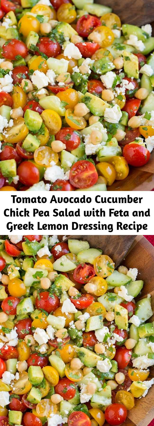 Tomato Avocado Cucumber Chick Pea Salad with Feta and Greek Lemon Dressing Recipe - Healthy flavorful Greek inspired salad. Made with lots of fresh vegetables, chick peas, feta and bright lemon dressing. It's a perfect summer side dish.