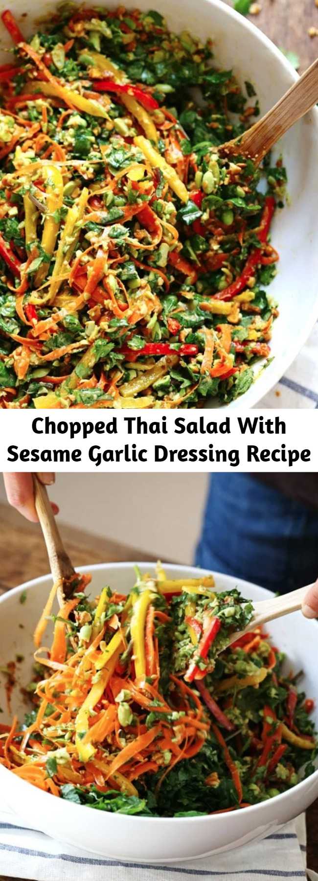 Chopped Thai Salad With Sesame Garlic Dressing Recipe - This Chopped Thai Salad with Sesame Garlic Dressing is THE BEST! A rainbow of power veggies with a yummy homemade dressing. #vegan #vegetarian #healthy #sugarfree #cleaneating