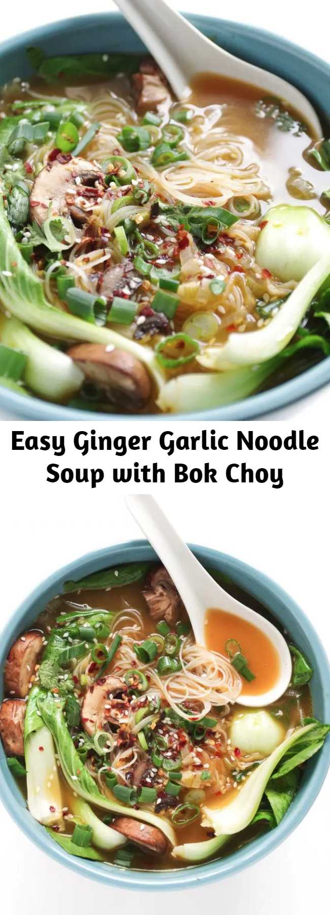 Easy Ginger Garlic Noodle Soup with Bok Choy Recipe - Ginger Garlic Noodle Soup with Bok Choy Ginger Garlic Noodle Soup with Bok Choy is a nutritious, comforting, and flu-fighting twenty-minute recipe made with homemade vegetarian broth, noodles, mushrooms, and baby bok choy. Easily make it your own by adding chicken, shrimp, spicy chilis, or other veggies.