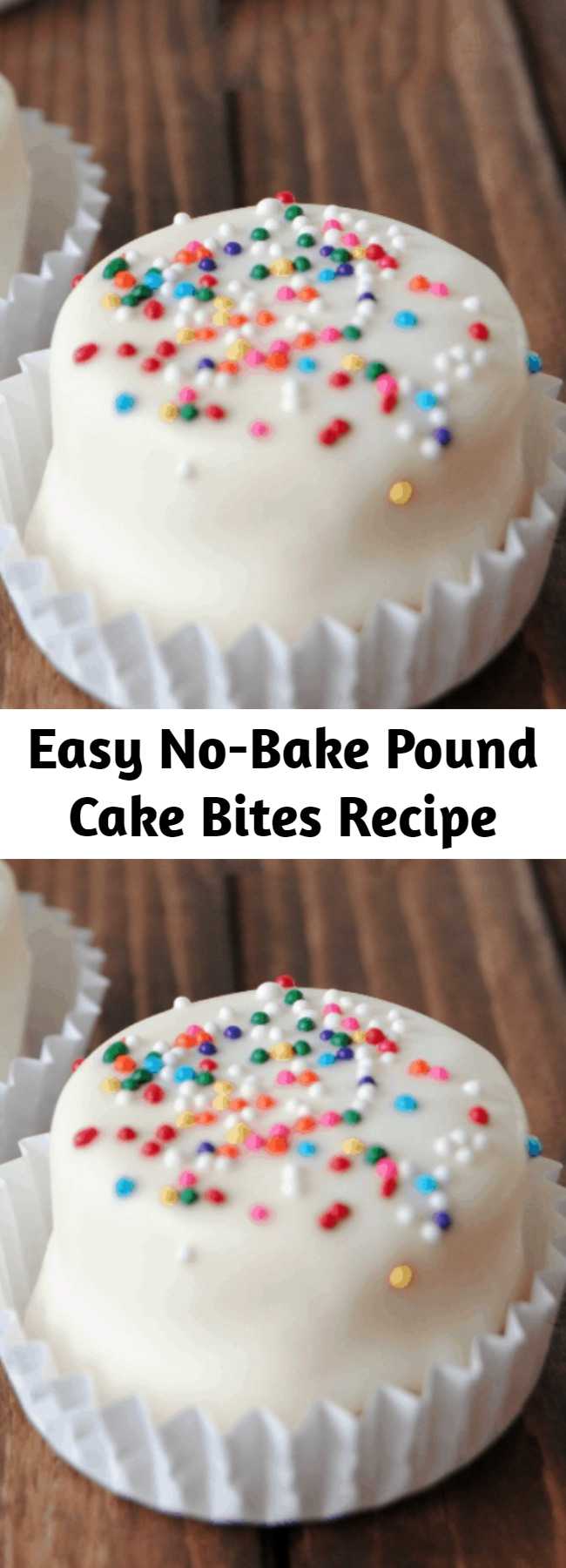 Easy No-Bake Pound Cake Bites Recipe - Celebrate National #PoundCakeDay with these adorable no-bake pound cake bites! They look like itty bitty cakes but they are SUPER easy to make.