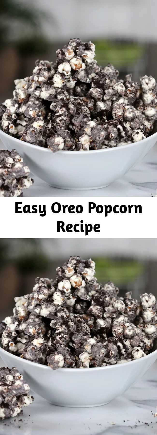 Easy Oreo Popcorn Recipe - Your snacking just got a whole lot better with this easy upgrade for regular old popcorn. With a cookies and cream coating and crushed Oreos on top, this popcorn is a heavenly pairing with a good Summer blockbuster.