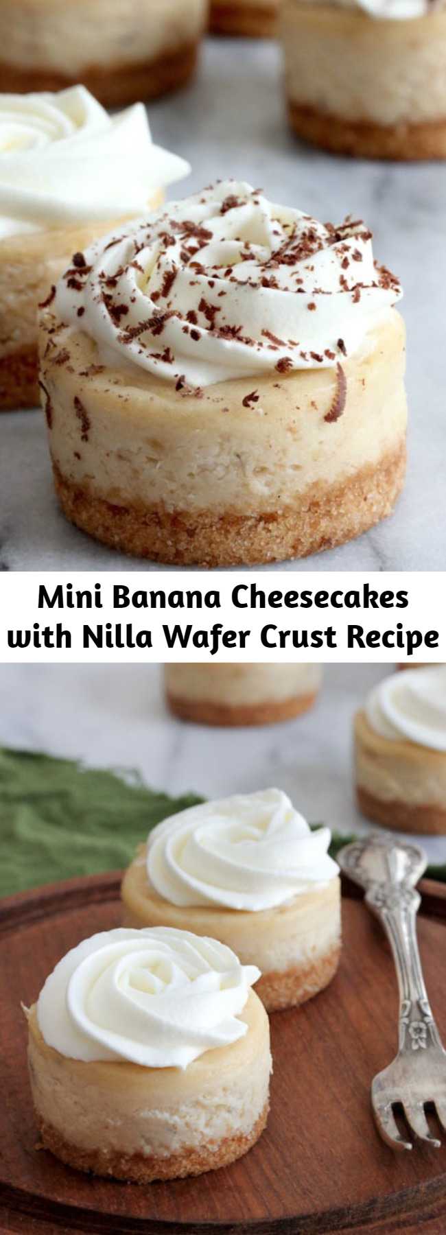 Mini Banana Cheesecakes with Nilla Wafer Crust Recipe - The perfect two bite banana cheesecake with Nilla Wafer crust, fresh whipped cream and a dusting of freshly grated dark chocolate.
