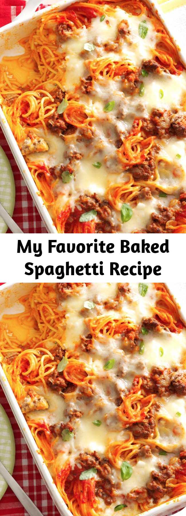 My Favorite Baked Spaghetti Recipe - This yummy baked spaghetti casserole will be requested again and again for potlucks and family gatherings. It's especially popular with my grandchildren, who just love baked spaghetti with all the cheese.