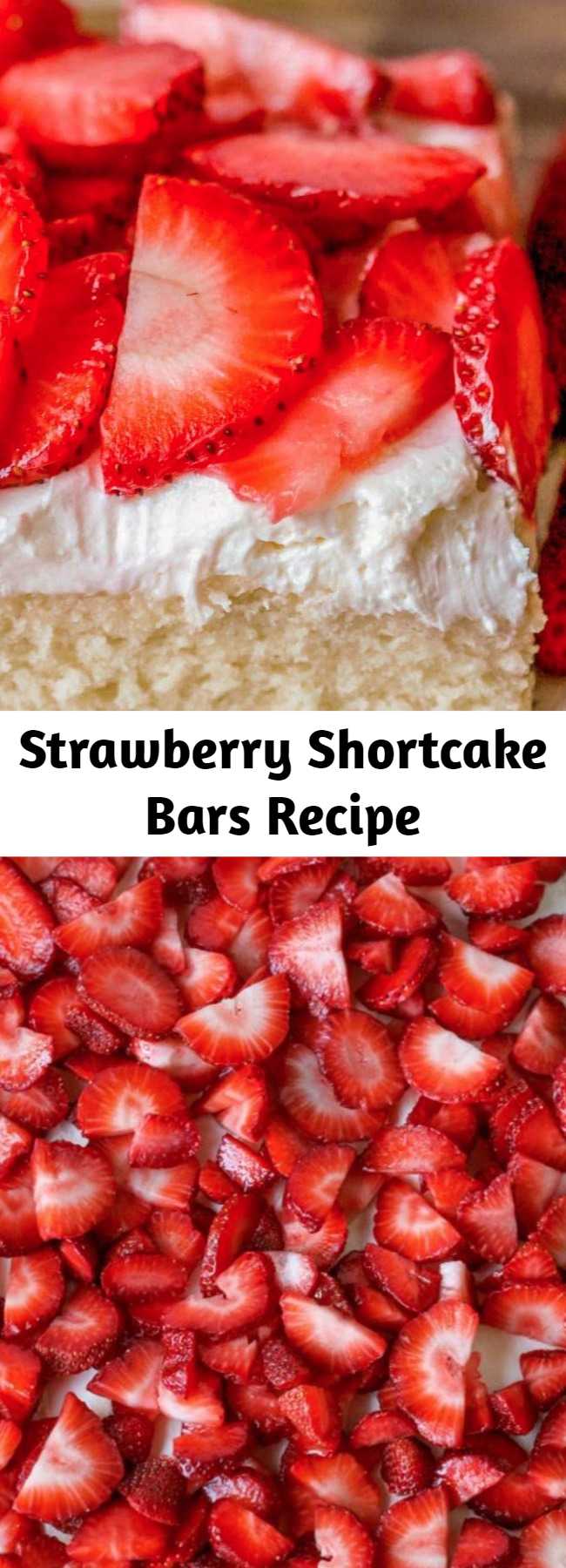 Strawberry Shortcake Bars Recipe - A soft vanilla cake-like crust perfectly combines with a light layer of whipped cream cheese frosting. Top it off with fresh strawberries for delicious strawberry shortcake bars!