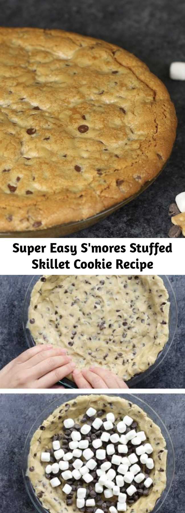 Super Easy S'mores Stuffed Skillet Cookie Recipe - This S'mores Stuffed Skillet Cookie is chocolate chip cookie dough stuffed with marshmallows, chocolate chips and graham crackers. It's a drool-worthy dessert that's perfect for a party and sharing with your best friends!