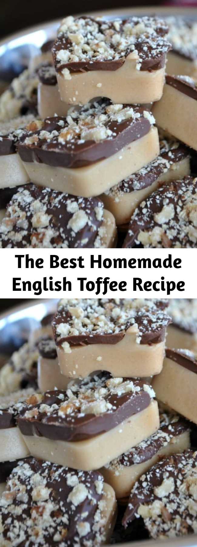 The Best Homemade English Toffee Recipe - English Toffee is a classic holiday candy: buttery candy poured over almonds, topped with milk chocolate and walnuts. Make it in a brownie bite pan to get the cutest toffee bites – perfect for gifting!
