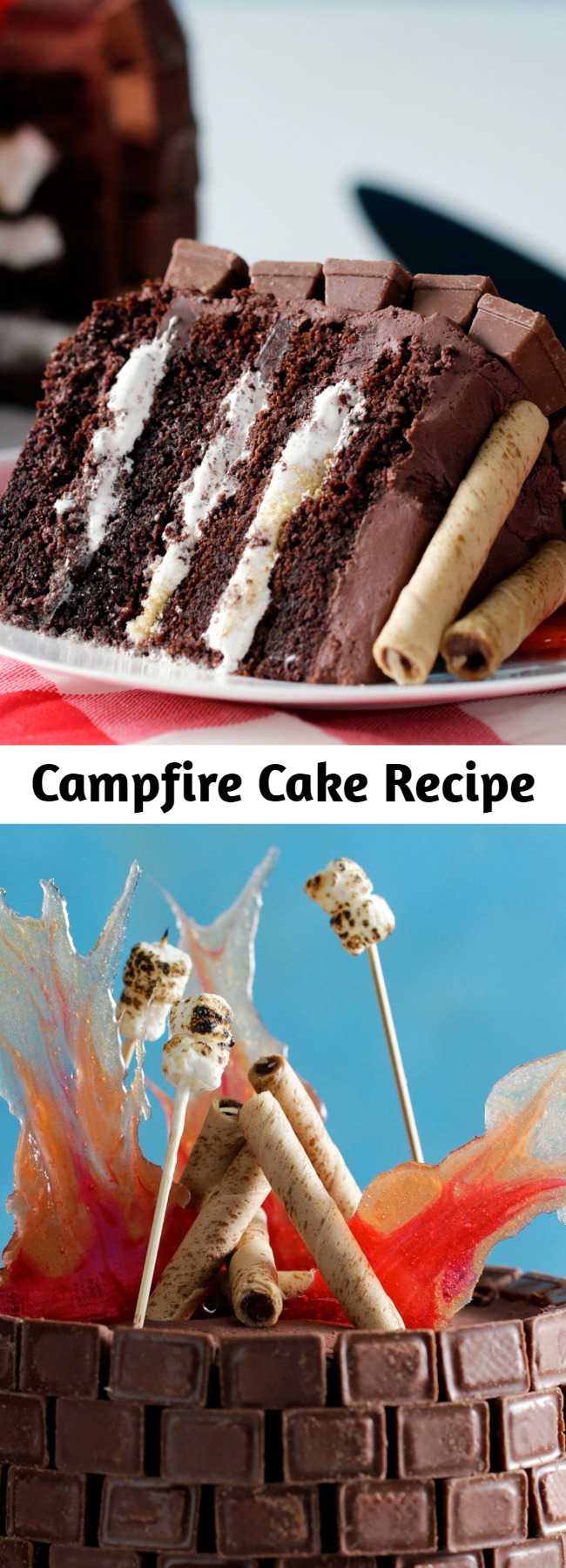 Campfire Cake Recipe - Here's the perfect birthday cake idea for a backyard party or camping party or for those outdoorsy types. This Campfire Cake recipe is sure to light up the birthday camper as well as the other party guests.