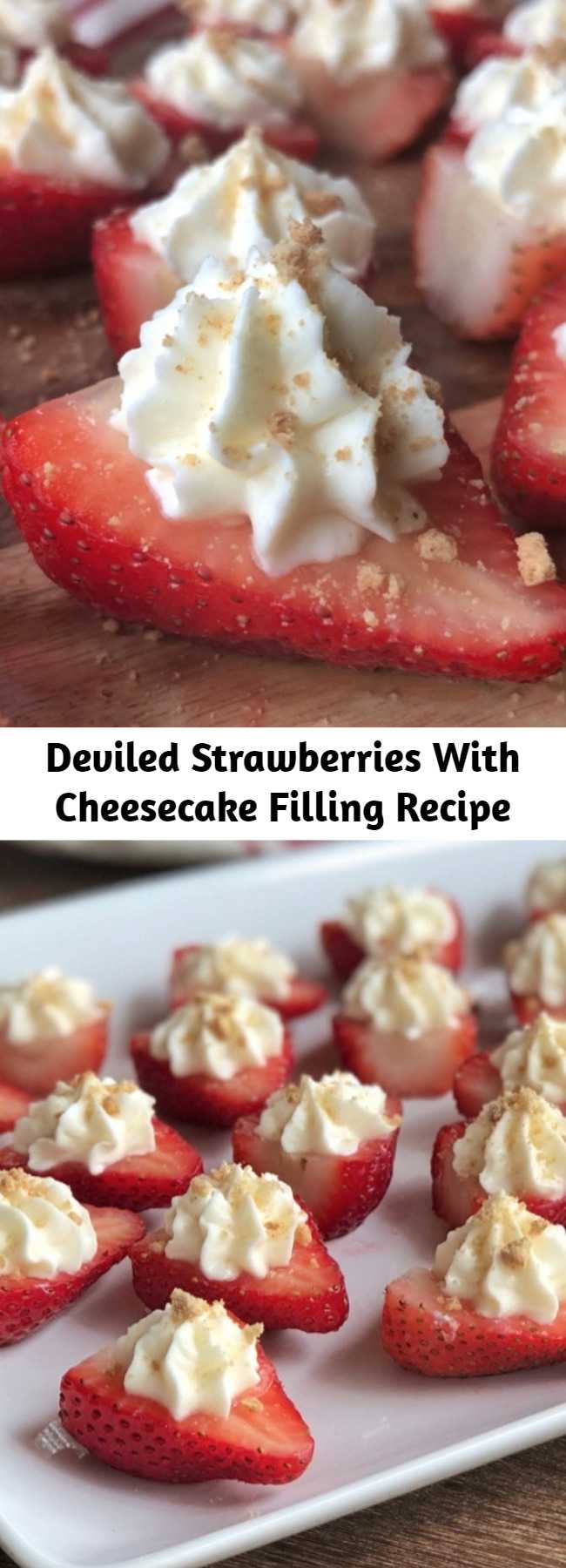 Deviled Strawberries With Cheesecake Filling Recipe - Looking for easy party appetizers for a crowd? This easy finger food idea is always a hit! They taste just like strawberry cheesecake, but in fun bite sized pieces. Quick and make ahead party food! #partyfood #deviledstrawberries