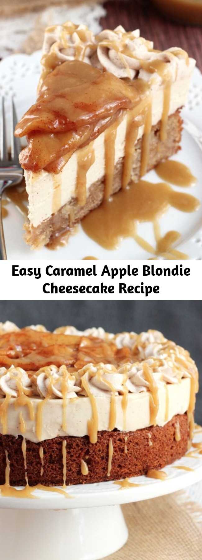 Easy Caramel Apple Blondie Cheesecake Recipe - This Caramel Apple Blondie Cheesecake is pure caramel apple heaven, I kid you not. It has layers of apple spice blondie and no-bake caramel cheesecake, and it’s topped with cinnamon apples and caramel sauce!