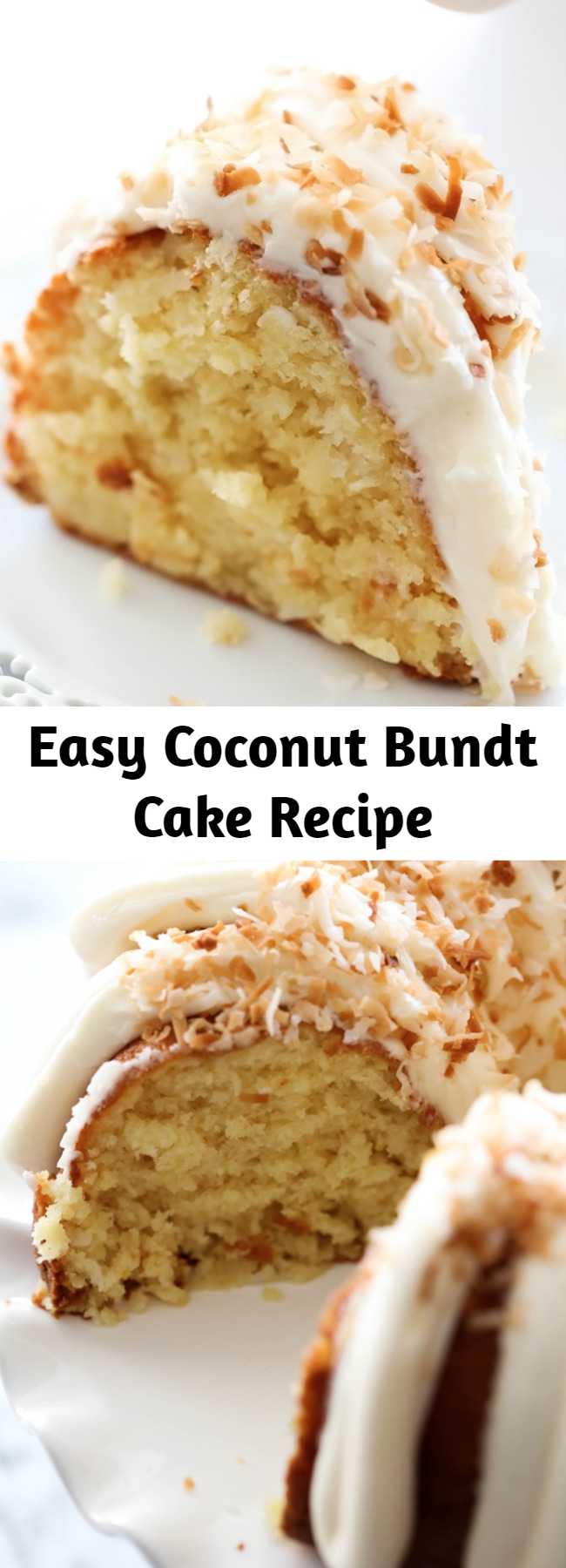 Easy Coconut Bundt Cake Recipe - This is an incredibly moist cake loaded with coconut flavor! The Cream Cheese Frosting on top is the perfect pairing. This cake with be loved by all who try it!
