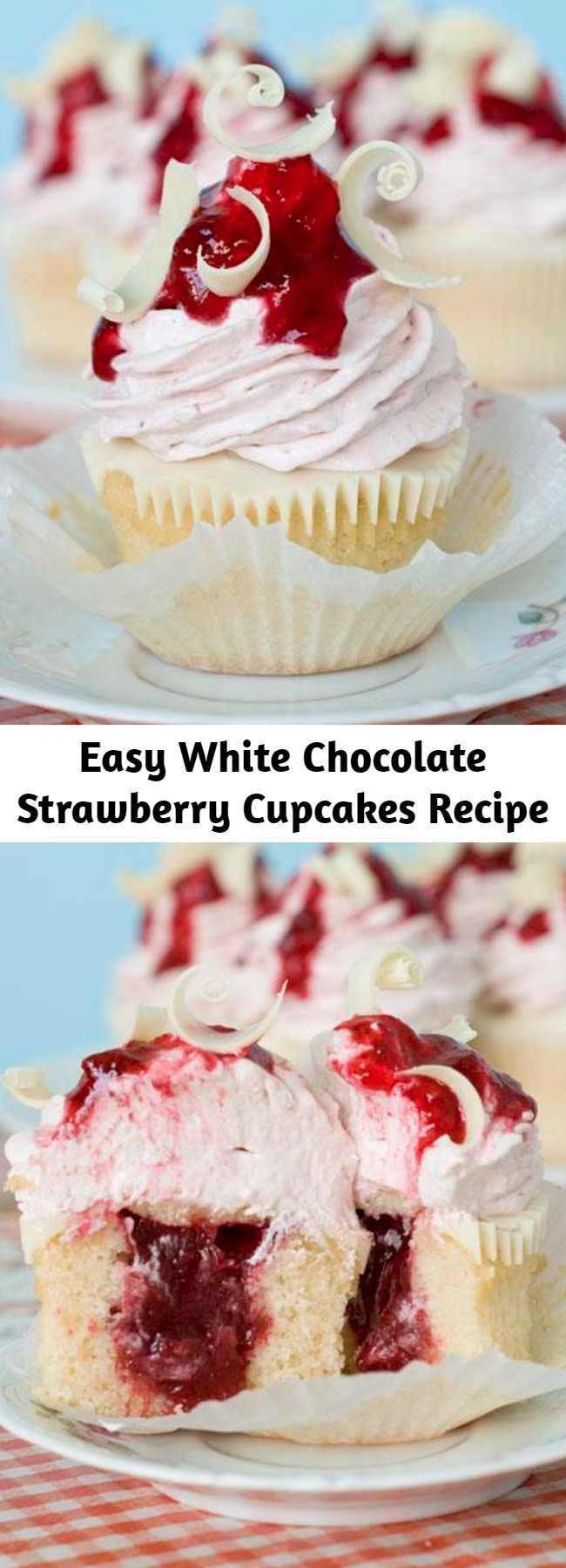 Easy White Chocolate Strawberry Cupcakes Recipe - White Chocolate Strawberry Cupcakes are moist and dense vanilla cupcakes with strawberry filling! Top these decadent cupcakes with a layer of melted white chocolate and some strawberry-white chocolate cream cheese frosting. You won’t believe your taste buds when you try these sweet strawberry cupcakes with jam!