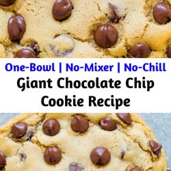 An incredibly FAST and EASY recipe that produces one GIANT soft and chewy cookie that’s loaded with chocolate!! One bowl to wash, no mixer, and no waiting!!