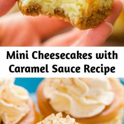 These mini cheesecakes with caramel sauce are delicious! The base is just 3 ingredients. We love the flavor, texture and how completely EASY they were! #cheesecake #dessert #cheesecakerecipe #minicheesecakes