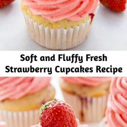 Supremely moist strawberry vanilla cupcakes are topped with fresh strawberry buttercream. These fluffy vanilla cupcakes are bursting with juicy pockets of strawberry and the hot pink frosting is so pretty and delicious. These are the perfect Summer cupcakes!