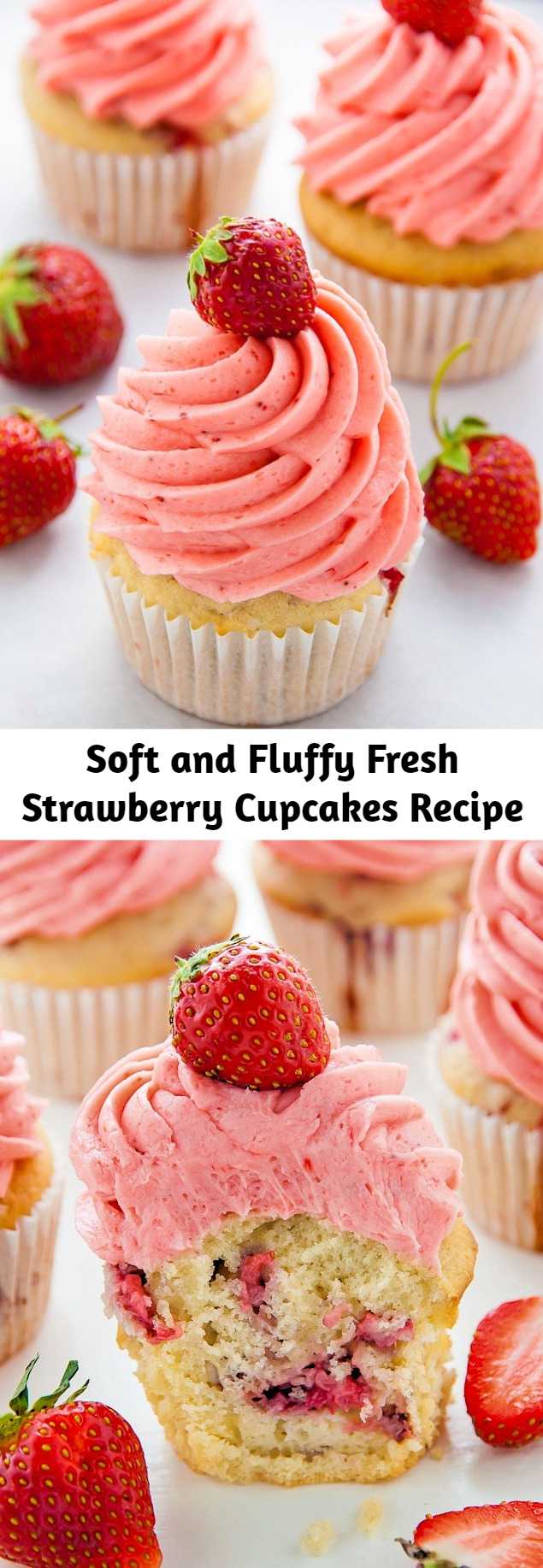 Supremely moist strawberry vanilla cupcakes are topped with fresh strawberry buttercream. These fluffy vanilla cupcakes are bursting with juicy pockets of strawberry and the hot pink frosting is so pretty and delicious. These are the perfect Summer cupcakes!