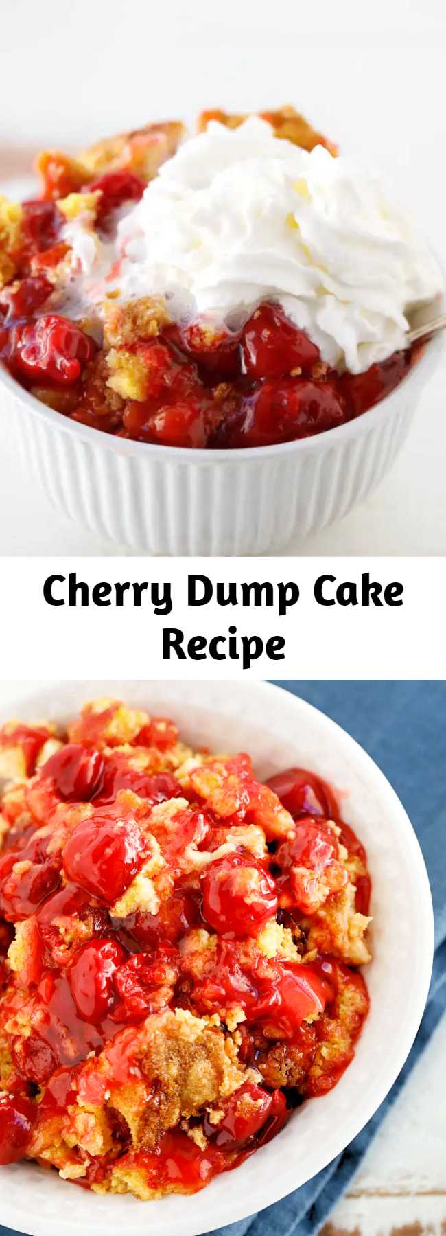 This sweet and delicious cherry dump cake recipe is the perfect simple dessert. Don't forget the scoop of ice cream or whipped cream on top! This is such a wonderful and easy dump cake recipe. I make it all the time! #Easy #Dessert #DumpCake #EasyRecipes