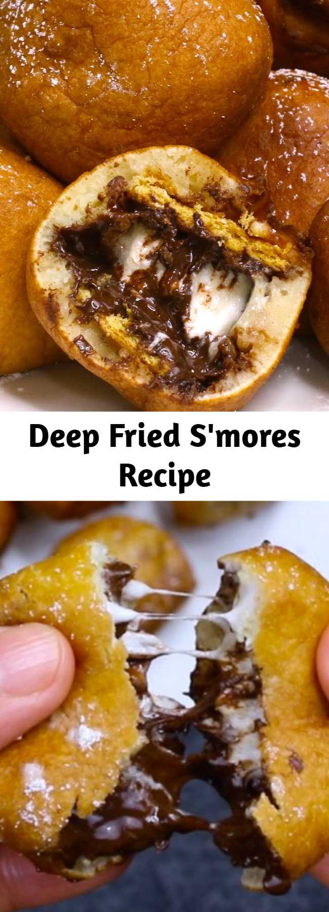 Seriously one of the most delicious dessert! Smores dipped in homemade batter, and fried to a fluffy, golden crispy ball with warm and melty chocolate chips and marshmallow inside. Quick and easy recipe. Perfect for party desserts. No bake, vegetarian.