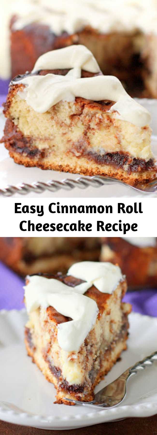 Easy Cinnamon Roll Cheesecake Recipe - This Cinnamon Roll Cheesecake is cheesecake with cinnamon roll dough base and buttery cinnamon swirled throughout. The top is frosted with thick cream cheese frosting.