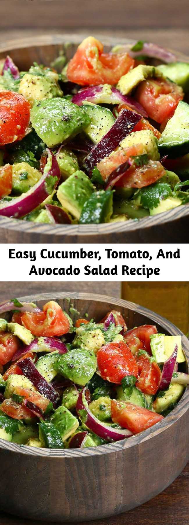 Easy Cucumber, Tomato, And Avocado Salad Recipe - Our family’s favorite classic cucumber and tomato salad just got better with the addition of avocado, a light and flavorful lemon dressing and the freshness of cilantro. Easy, excellent avocado salad.