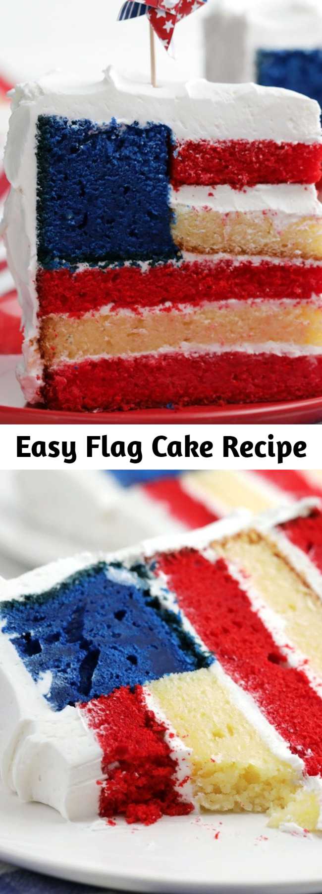 Don’t be intimidated by the layers of tender red, white and blue cake though, the directions for preparing this cake are straightforward and the results are stunning. Serve up patriotism by the slice.