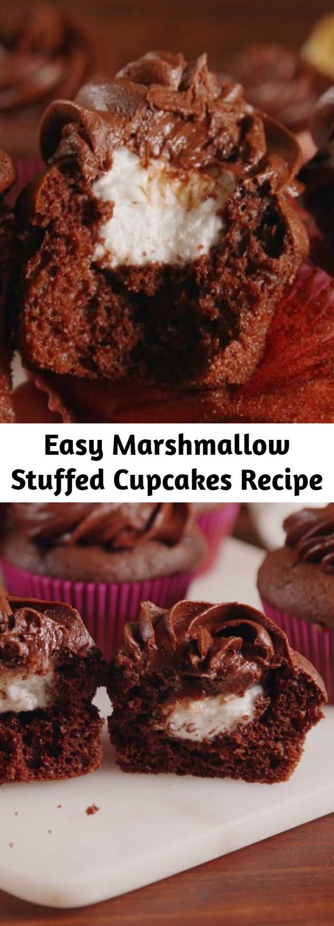 Easy Marshmallow Stuffed Cupcakes Recipe - The only thing that makes a chocolate cupcake better? A gooey marshmallow center. The gooeyness factor on these babies is through the roof.