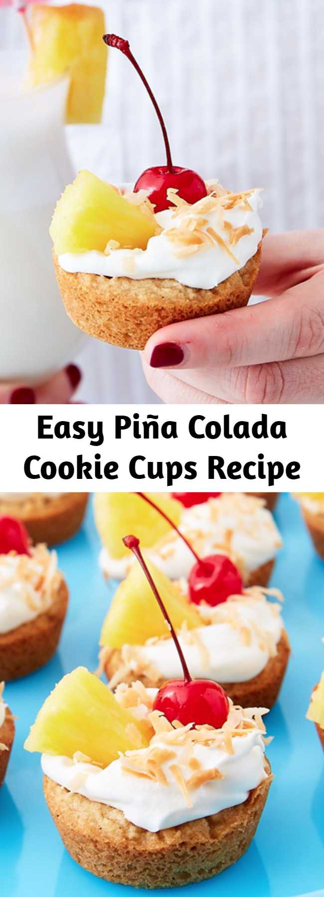 Easy Piña Colada Cookie Cups Recipe - The filling tastes like a cross between a slice of cheesecake and a piña colada. If you're bringing these to a party with little ones, feel free to skip the booze.