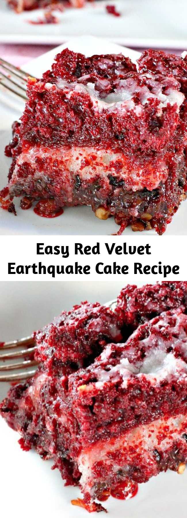 Easy Red Velvet Earthquake Cake Recipe - This delectable cake recipe calls for a Red Velvet cake batter and a cheesecake layer over top of pecans, coconut and chocolate chips. While baking the cake undergoes a seismic shift which explains its name. Fabulous for Christmas and Valentine's Day or other holiday baking.