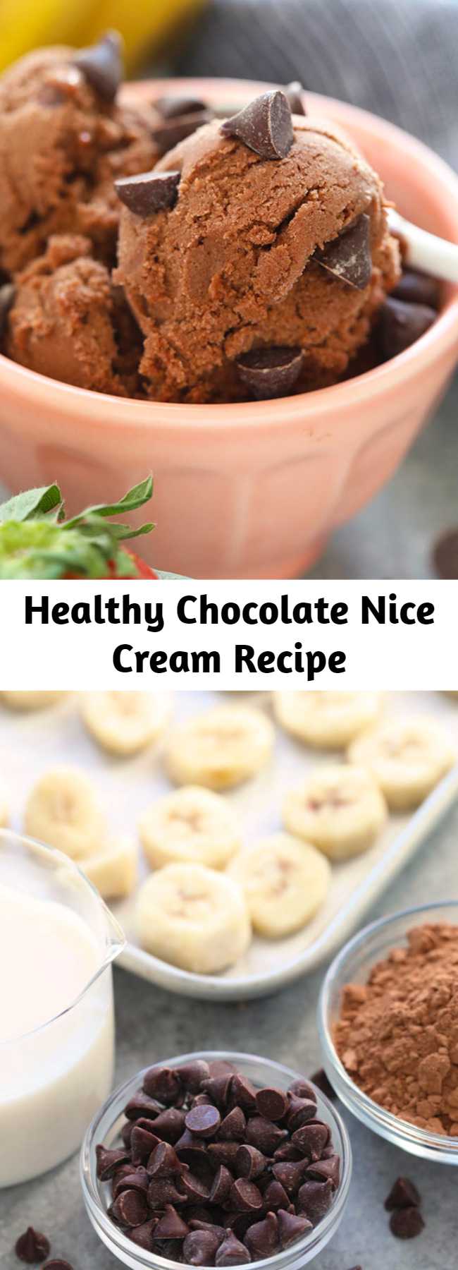 This 4-ingredient Healthy Chocolate Nice Cream boasts the same creamy deliciousness of traditional chocolate ice cream without all those fillers. Plus, it’s dairy free, vegan, and ready to eat in less than 10 minutes. Dessert is served! #nicecream #vegan #recipe #dessert #vegandessert #chocolate