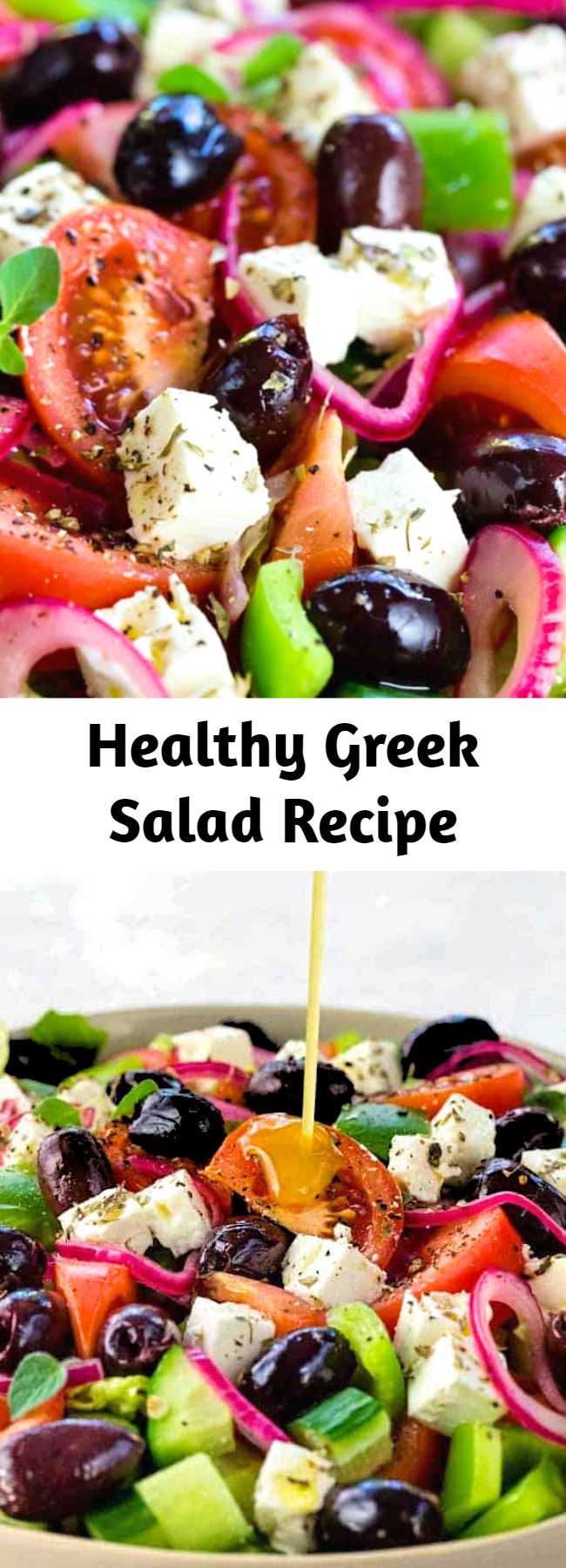 Healthy Greek Salad Recipe - This Greek salad is a healthy vegetable packed appetizer drizzled with a homemade red wine vinegar dressing. Each serving contains creamy feta cheese, kalamata olives, tomatoes, bell peppers, cucumbers and red onion. #greeksalad #salad