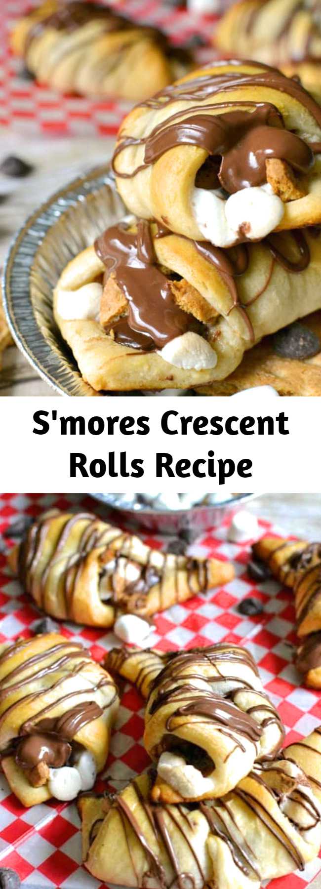 S'mores Crescent Rolls stuffed with chocolate chips, marshmallows, graham crackers and Nutella and topped with Nutella drizzle. Our favorite new way to enjoy s'mores!