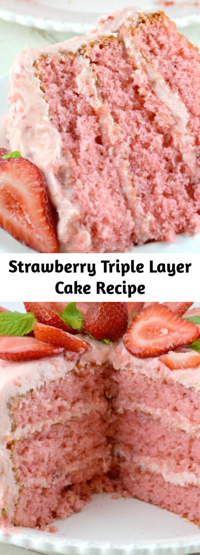 Our Easy Strawberry Triple Decker Cake Recipe is an absolute showstopper. Loaded with Fresh Strawberries, this Homemade Southern Delight is guaranteed to be a hit! Super Moist, Rich and Really Sweet, all topped with Strawberry Buttercream Frosting!!
