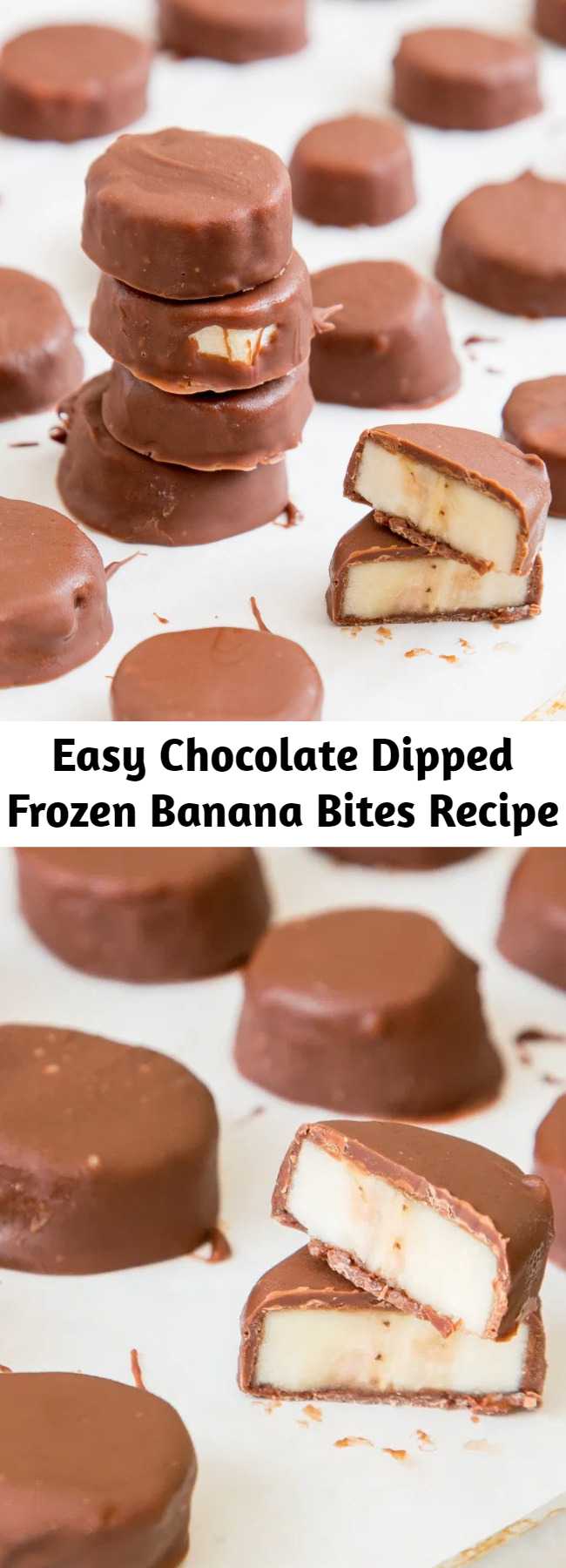 Easy Chocolate Dipped Frozen Banana Bites Recipe - These Chocolate Dipped Frozen Banana Bites are perfect little snacks with just 3 ingredients! So easy and tasty!