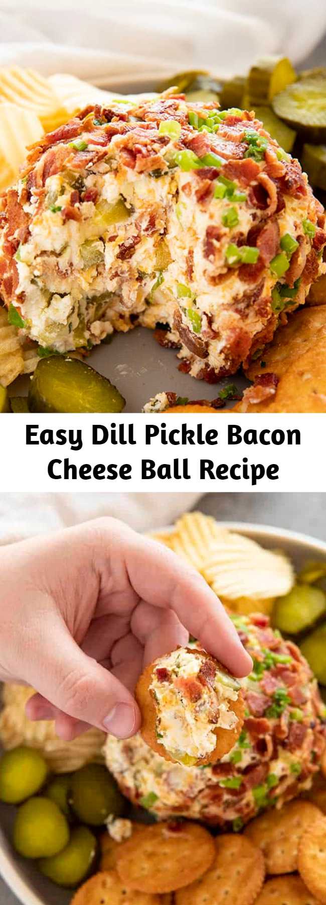 Easy Dill Pickle Bacon Cheese Ball Recipe - Dill Pickle Bacon Cheese Ball is such a fun and easy cheese ball recipe made with cream cheese, cheddar, pickles, and bacon!  The perfect appetizer for any party! #thesaltymarshmallow #tailgating #footballfood #pickles