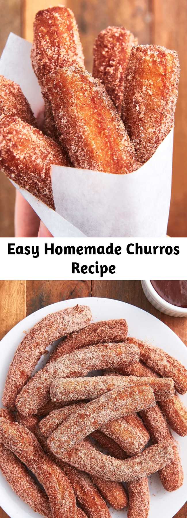 Easy Homemade Churros Recipe - We don't often feel like breaking out all of our oil to fry things. But when you have an easy churro recipe this delicious, it's absolutely worth it. They only take a few minutes to fry and will actually still taste good at room temp, making them a great party dessert! #easy #recipe #churros #dessert #mexicanfood #dessertrecipes #cinnamon #sugar #chocolate