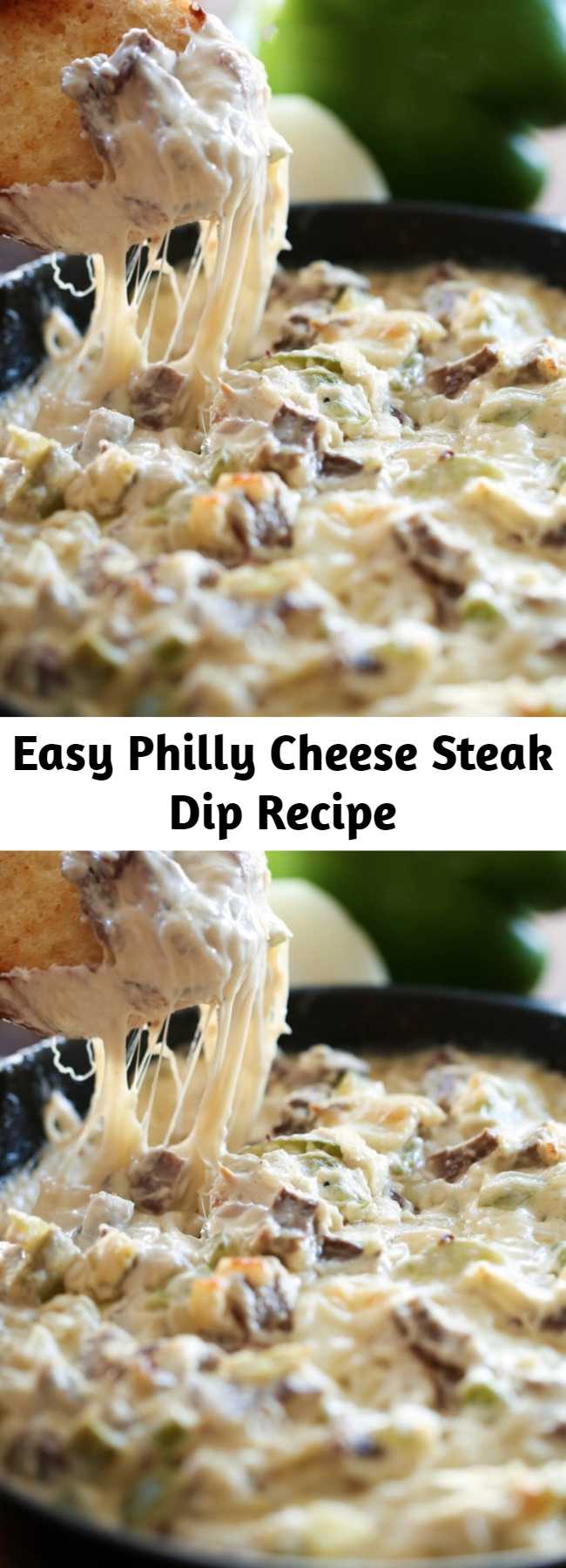 Easy Philly Cheese Steak Dip Recipe - This Philly Cheese Steak Dip is phenomenal and truly tastes JUST like you are biting into that beloved and well sought-after sandwich. The flavor is incredible and this recipe is super unique and exciting!