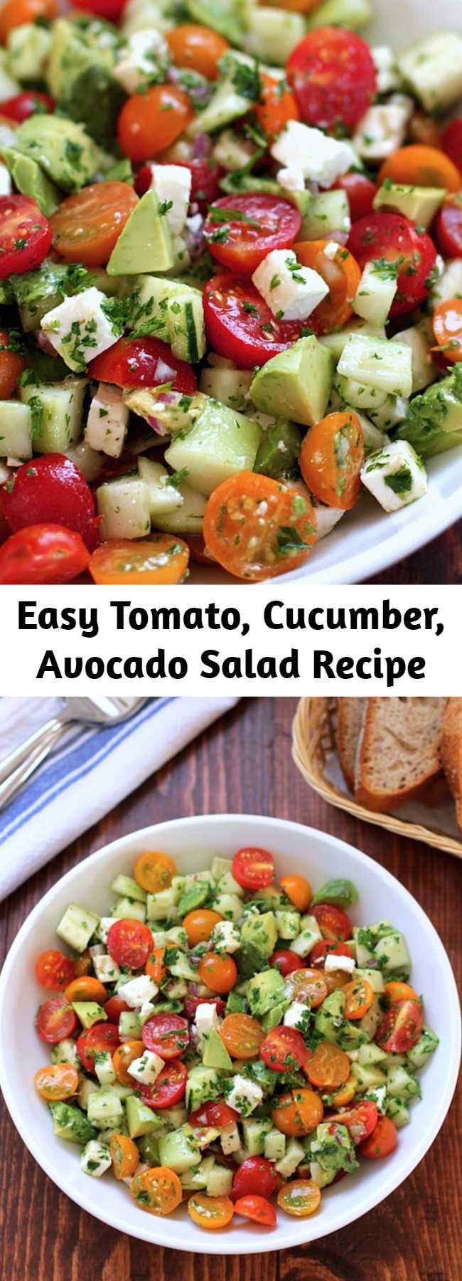 Easy Tomato, Cucumber, Avocado Salad Recipe - This tomato, cucumber, avocado salad is an easy, flavorful summer salad.  It’s crunchy, fresh and simple to make.  It’s a family favorite and ready in less than 15 minutes.