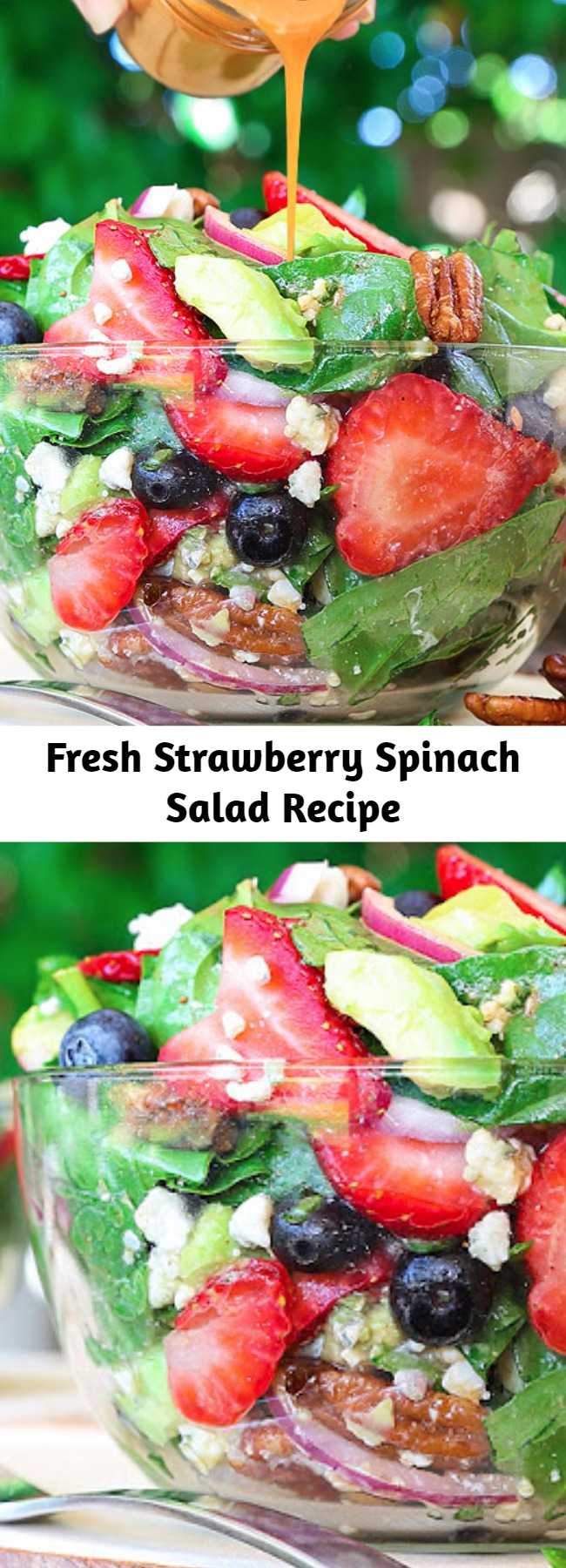 Fresh Strawberry Spinach Salad Recipe - Best Ever Strawberry Spinach Salad will rock your world! This simple recipe is a celebration of summers bounty in the most spectacular salad you will ever eat. Fresh crisp spinach salad is taken to another level with bursts of sweetness from fresh summer fruit and buttery avocado. It is tossed in a sweet and tangy vinaigrette and topped with crunchy nuts and creamy cheese. #salad #strawberry