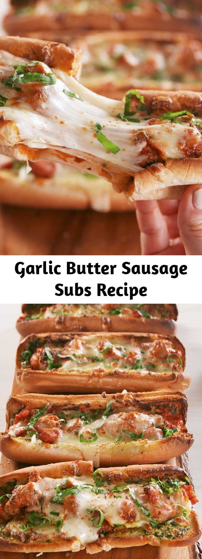 Garlic Butter Sausage Subs Recipe - Crunchy on the outside, soft on the inside. #easyrecipe #sausage #subs #sandwich #garlic