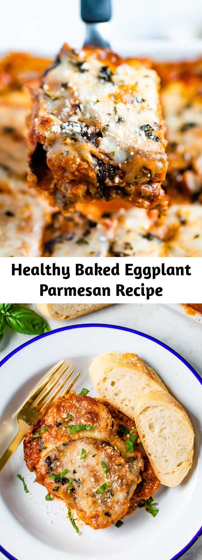 Healthy Baked Eggplant Parmesan Recipe - Make a healthy baked eggplant parmesan with crispy almond flour-coated eggplant slices that are baked — no frying or bread crumbs needed!