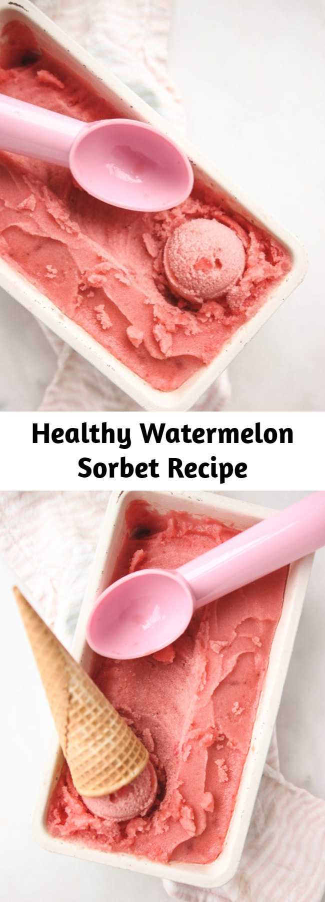 Healthy Watermelon Sorbet Recipe - A healthy, whole food plant based watermelon sorbet that requires NO churning! Made from 3 simple ingredients, this delicious raw vegan treat will keep you cool all summer long. #vegan #veganrecipes #plantbased #dairyfree #nicecream #blender #rawvegan #glutenfree #wholefoodplantbased #wfpb #sugarfree #icecream #summerrecipes #watermelon